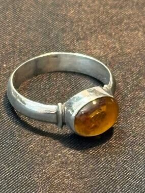 Sterling Silver Genuine Amber Cabochon Ring Size 7 Vintage